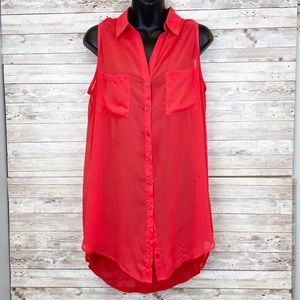 🍀4/$10 Anthro Pleione Red Button Up Sheer Tank